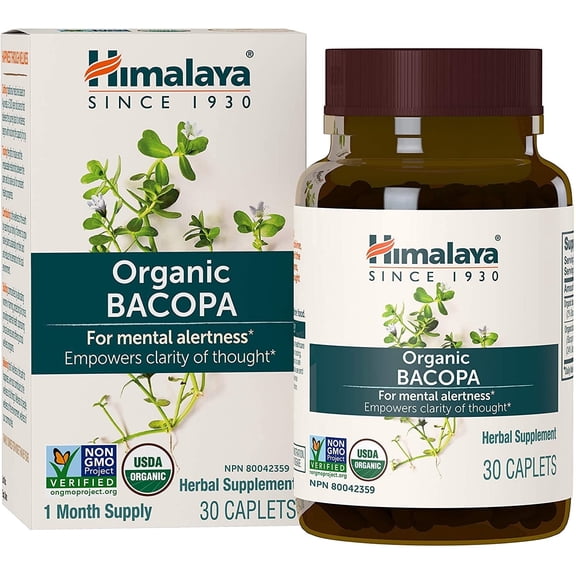 Himalaya Organic Bacopa Monnieri Nootropic Herbal Supplement, Mental Alertness, Memory, Cognition, 30 Caplets