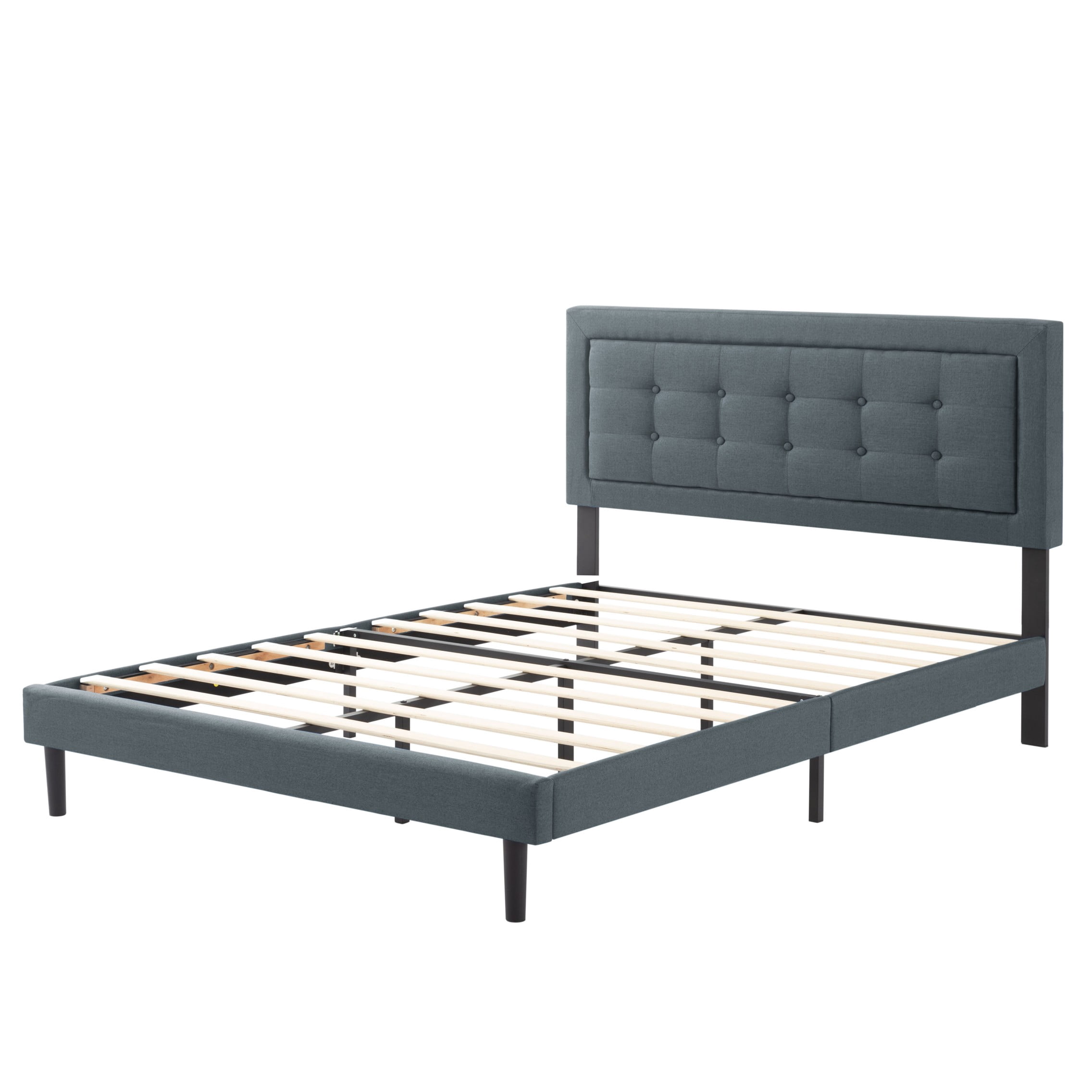 BSHTI Full Size Platform Bed Frame with Square Tufted Upholstered Headboard – Solid Wood Frame, 12 Wood Slats, Center Support Leg, Under-Bed Clearance, No Box Spring Needed