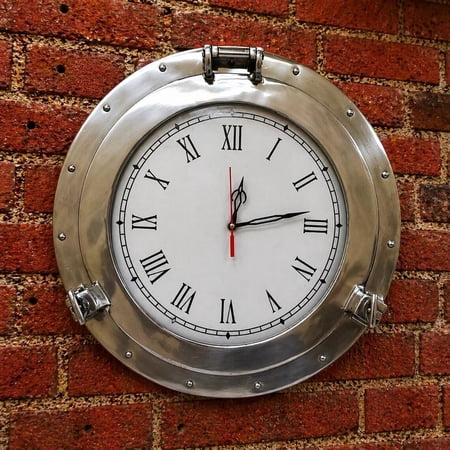 Nautical Porthole Wall Clock – Silver Chrome Finish Maritime Ship Window Decor – Round Clock with Roman Numerals – Home Office Wall Art