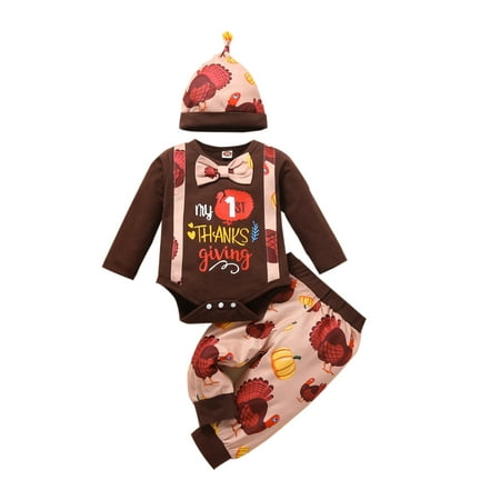 

Mioliknya My First Thanksgiving Outfit Newborn Baby Boy Gentleman Romper Tops Turkey Pants with Hat 3Pcs Clothes Set