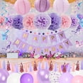thumbnail image 5 of Adornos de cumpleaños morados para mujeres y niñas, suministros de decoración de fiesta de cumpleaños con globos rosas y morados, cartel de lunares circulares de feliz cumpleaños, farolillos de papel JAMW Sencillez, 5 of 5