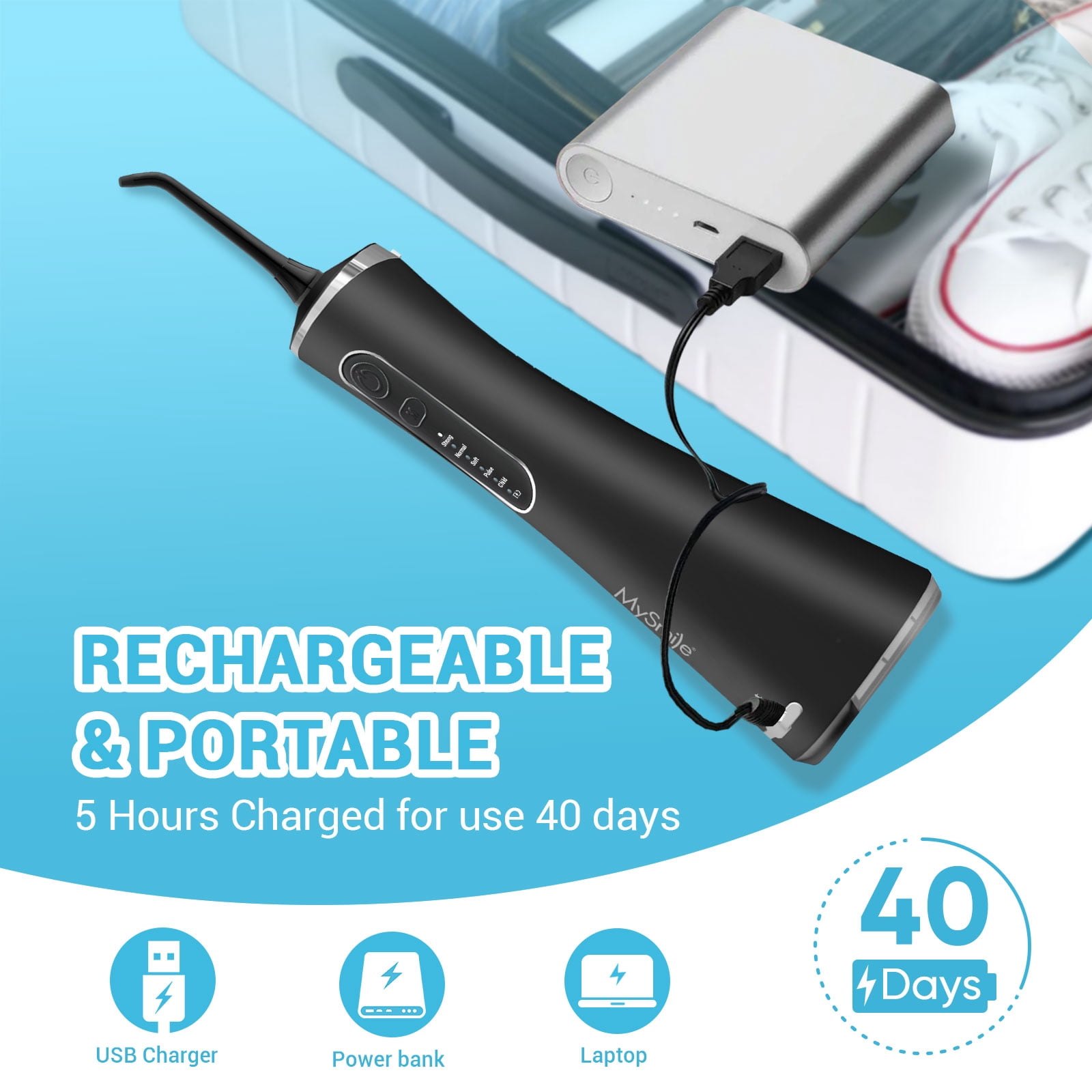 (5 pack) MySmile LP211 Portable Water Flosser Cordless for Teeth Braces, Oral Irrigator, Electric Water Dental Picks, 5 Modes, 8 Jet Tips, Travel Bag, Black