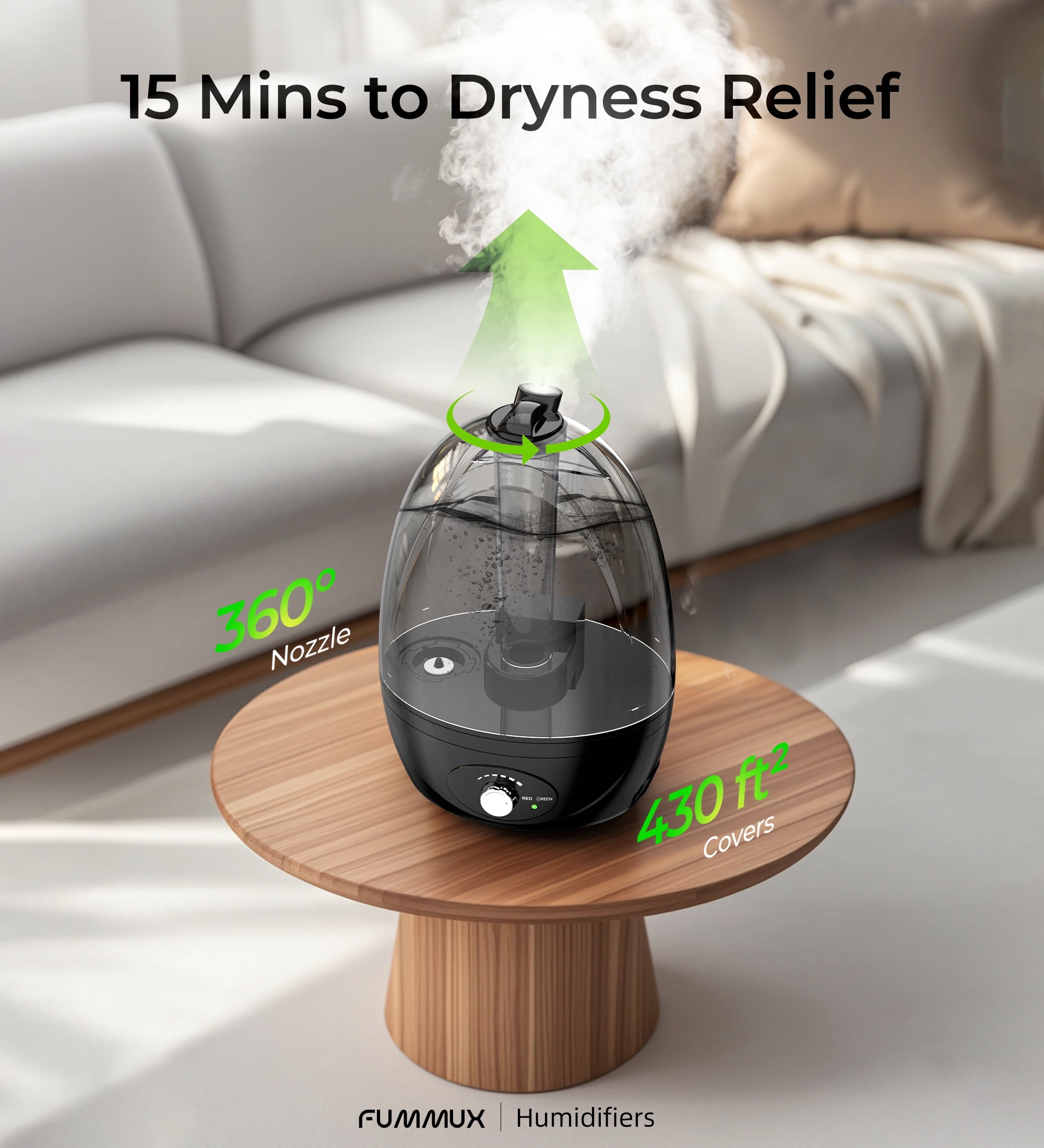 FUMMUX Cool Mist Humidifiers for Bedroom 3 L Water Tank Quiet Ultrasonic Air Vaporizer,Adjustable Mist Level,Easy to Clean, Black