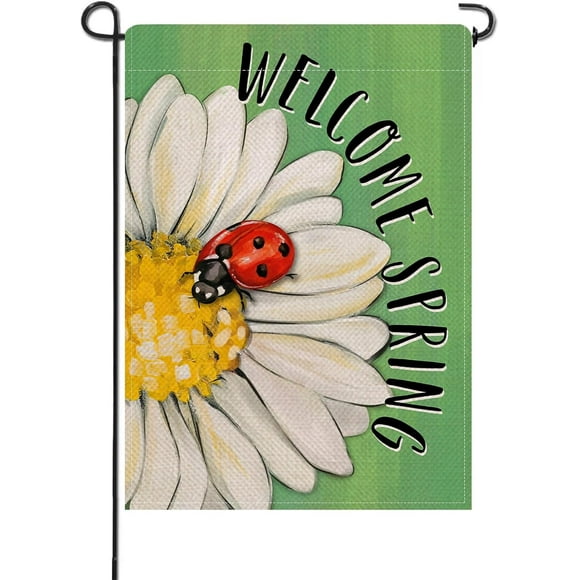 Welcome Spring Summer Daisy Flower Small Decorative Garden Flag, Floral Ladybug Green Yard Lawn Outside Decor, Seasonal Burlap Outdoor Home Decoration Double Sided 12 x 18