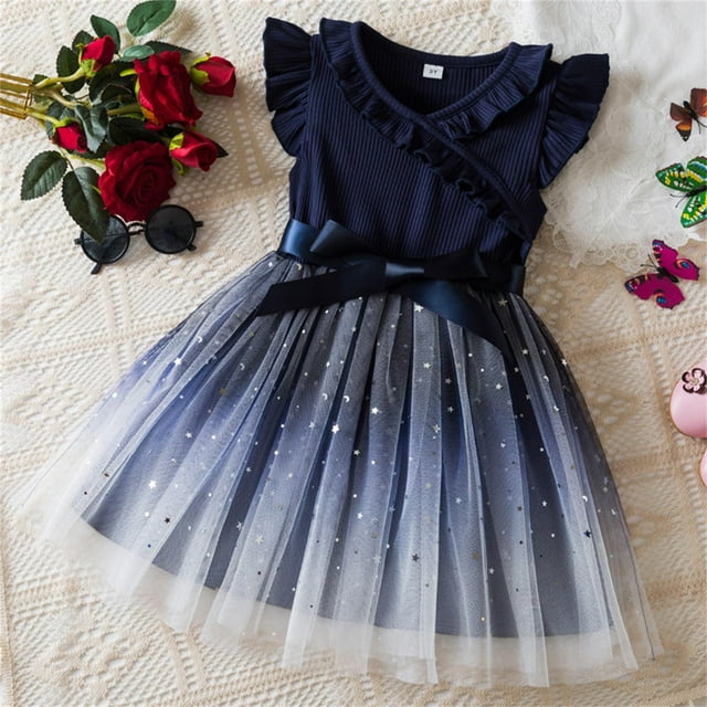 LOVZFMLL Jupe Princesse à Manches Courtes Imprimée Col Rond Broderie Nœud pour Filles Été