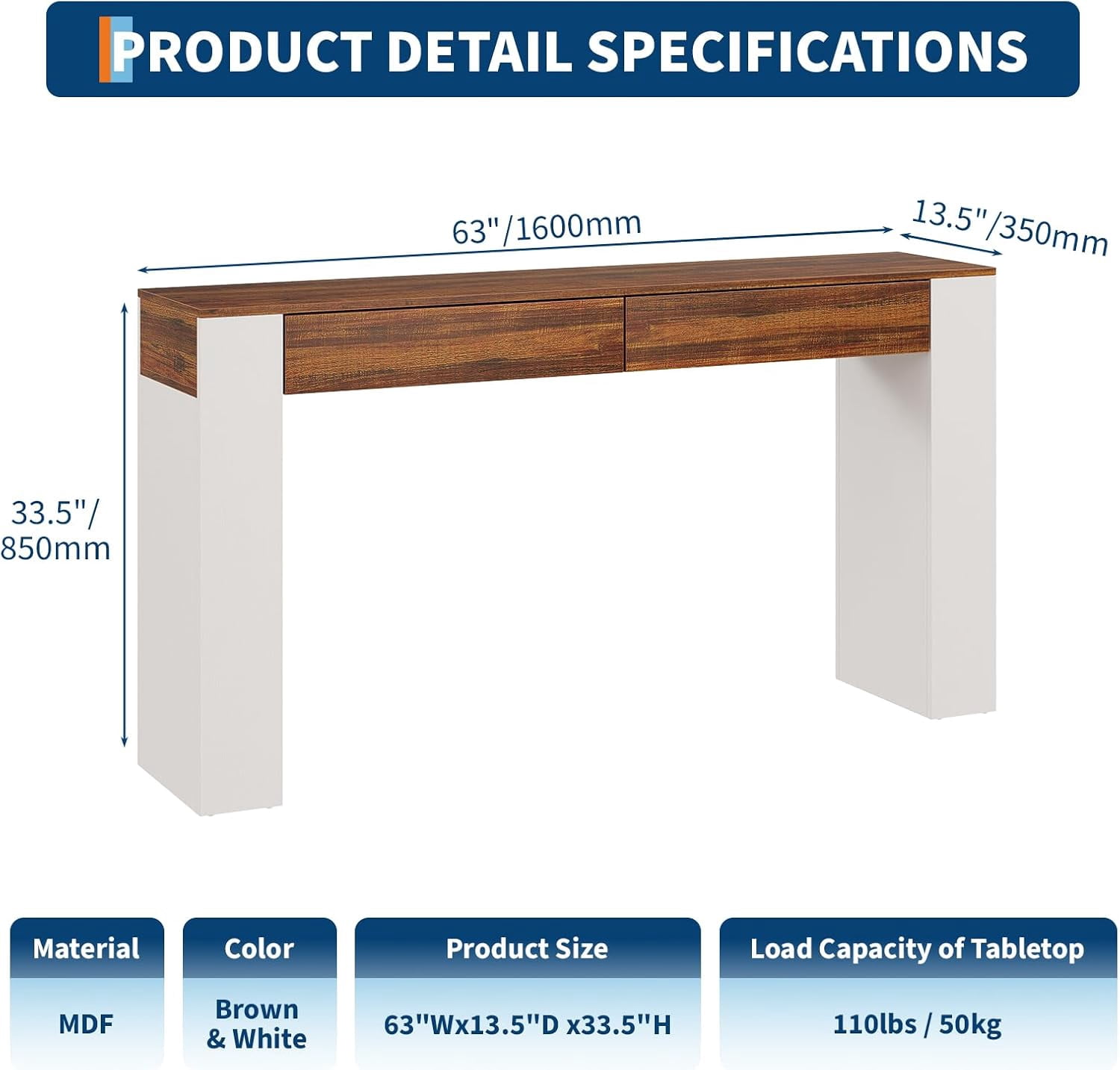 63 Inch Wood Entryway Table - 2 Drawers Slim Console Table Hallway Living Room Brown White