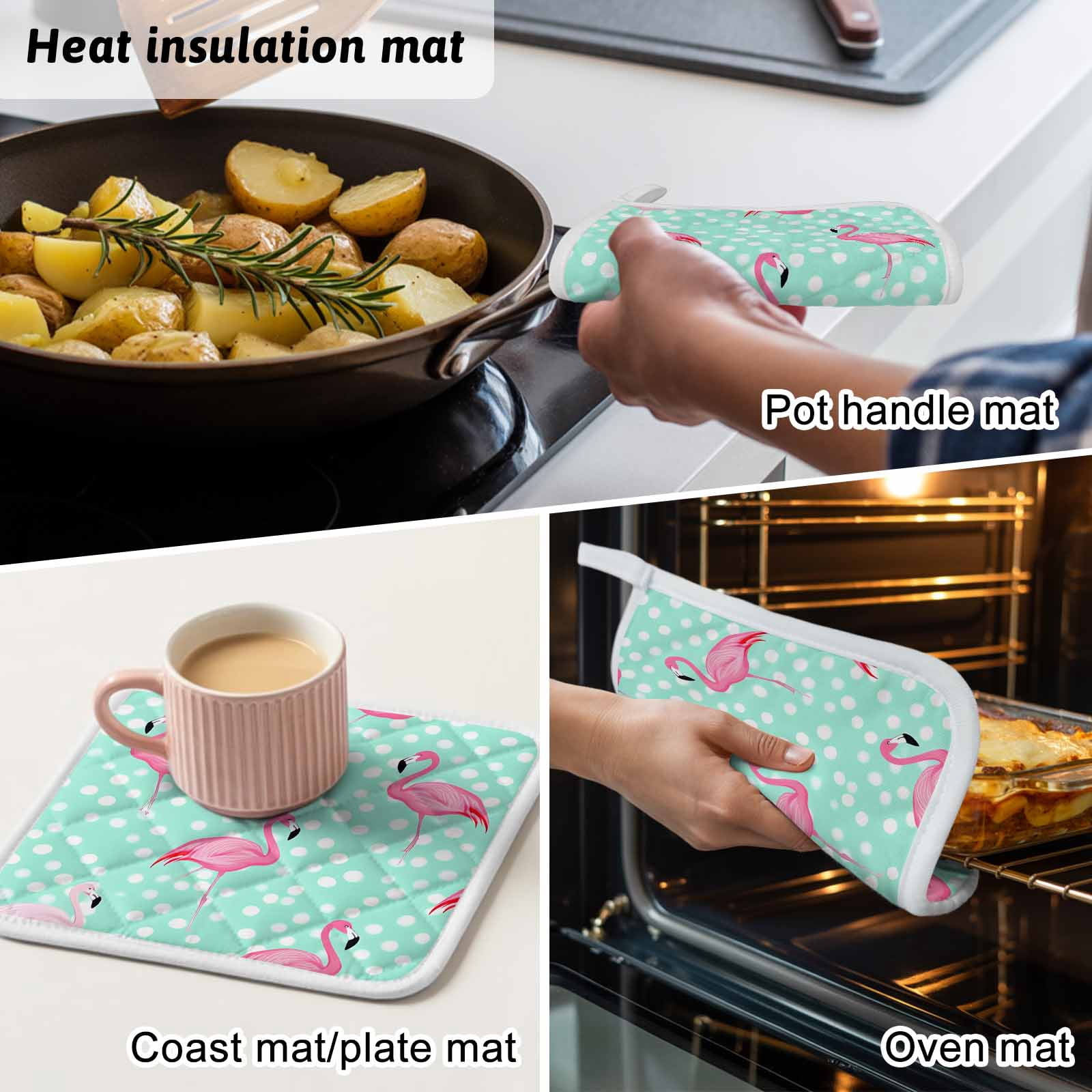 Green Flamingo Pot Holders for Kitchen Heatproof Potholder, 3 Pack Polka Dot Modern Art Hot Pads Multipurpose Oven Pads Cloth Potholders Trivet for Cooking Baking