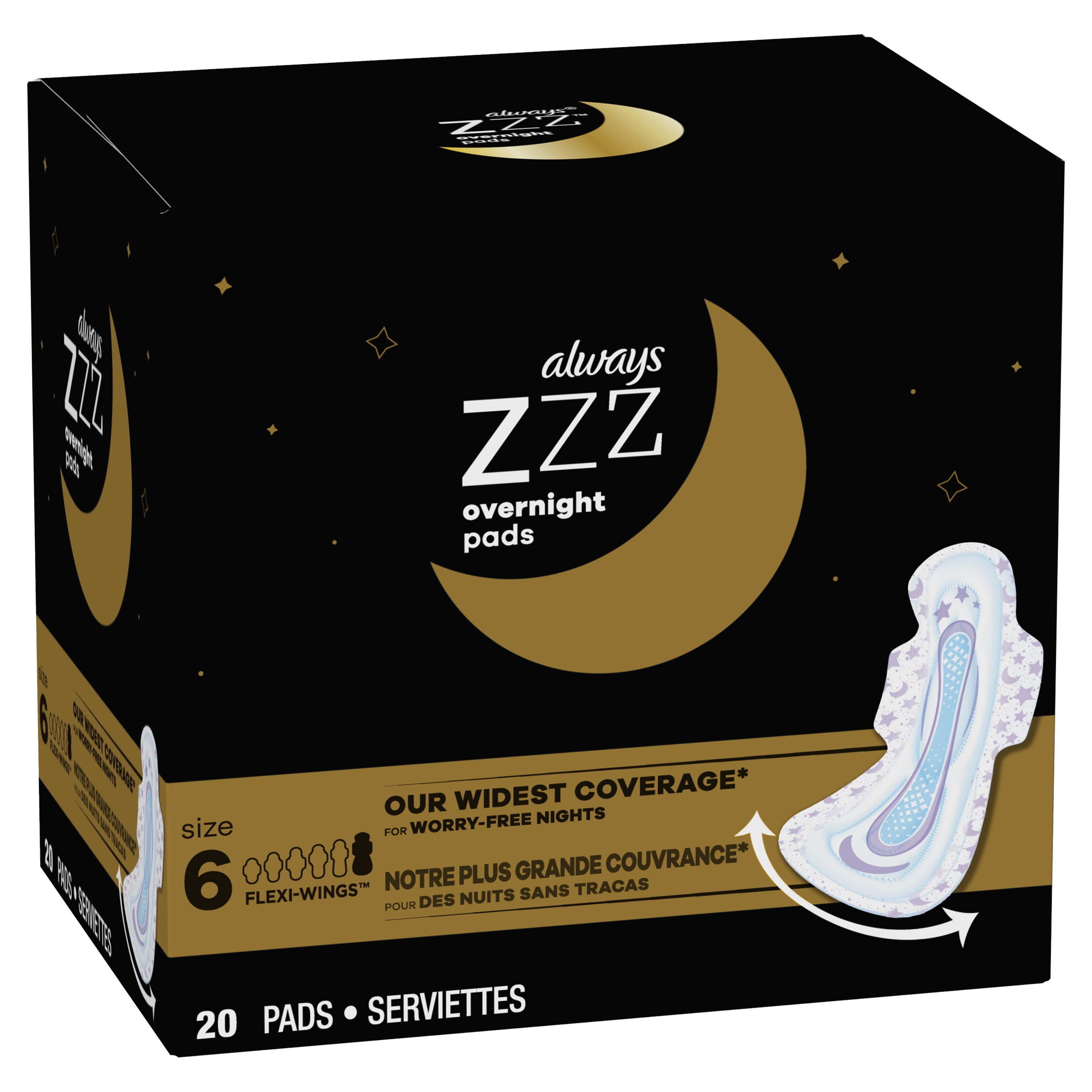 Always ZZZ Overnight Pads for Women with Wings, Unscented, Size