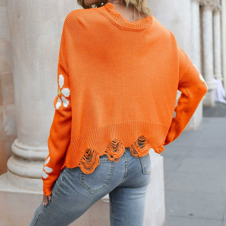 HAPIMO Savings Womens Sweaters Fall Fashion Long Sleeve V-neck Knitwear Flower  Print Casual Jumper Pullover Sweaters for Women Orange M 