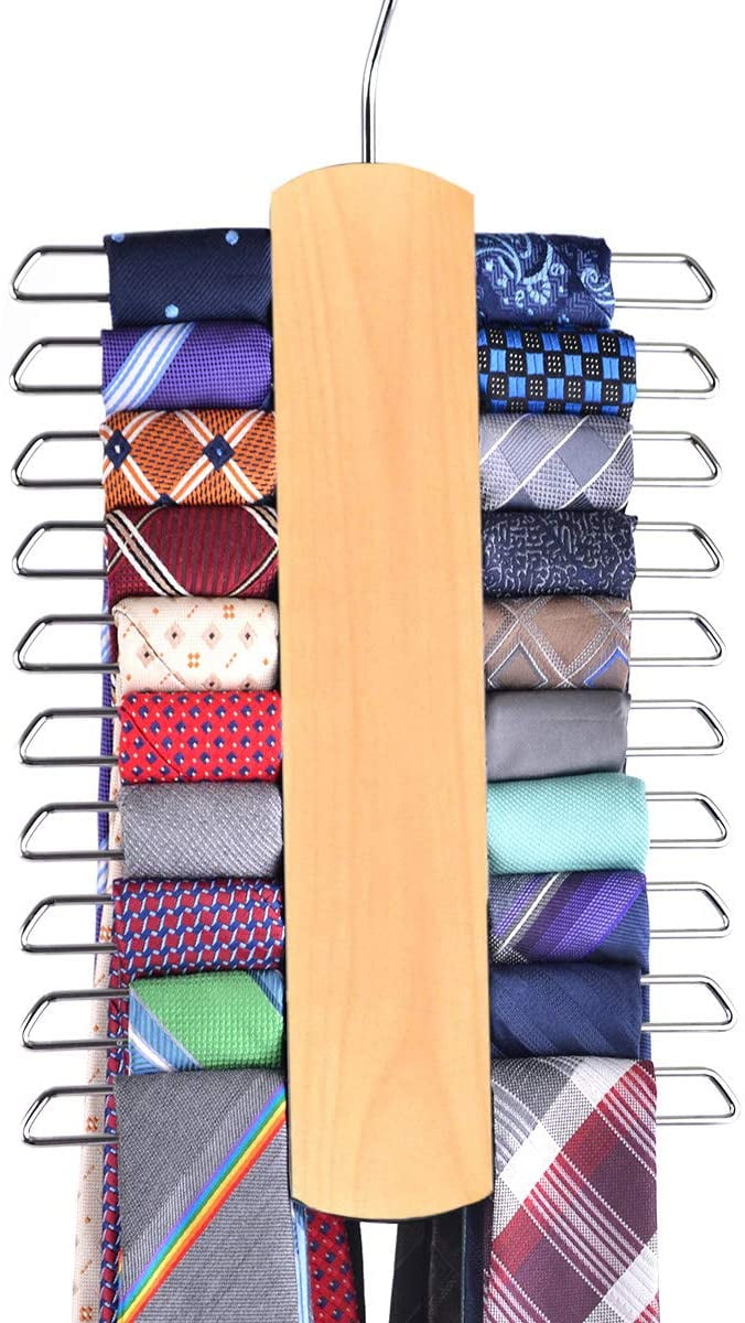 TINGOR Premium Walnut Wooden Necktie & Belt Hanger, 20 Hooks