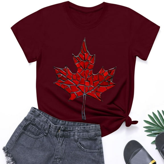 QUNYINEY Short Sleeve T-Shirts for Women Crew Neck Casual Canadian Flag Tops Summer Loose Pullover Women Tops