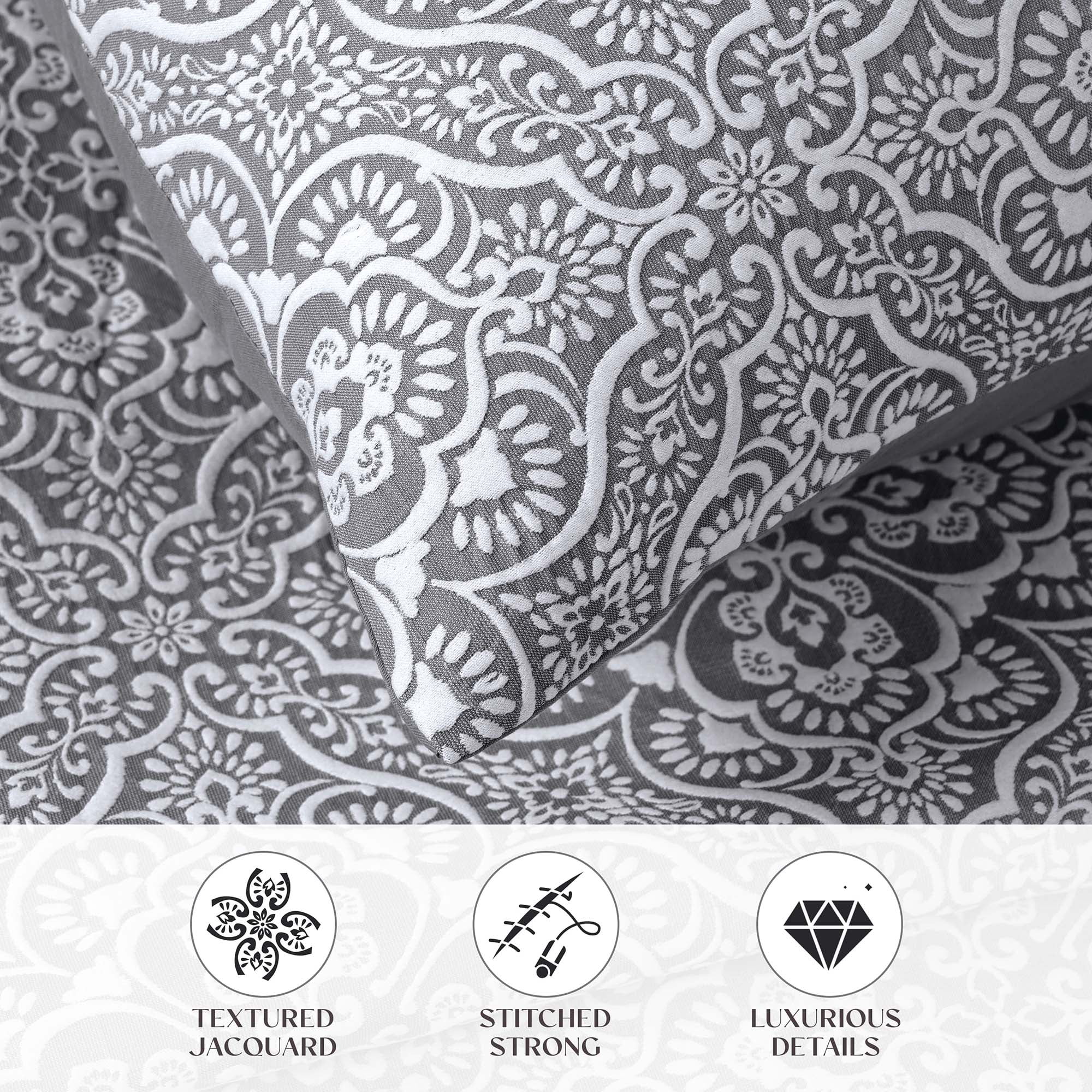 Superior Enzy Floral Matelasse Bedspread and Sham Set, 3-Piece Soft Textured Jacquard Bedspreads, King, Charcoal