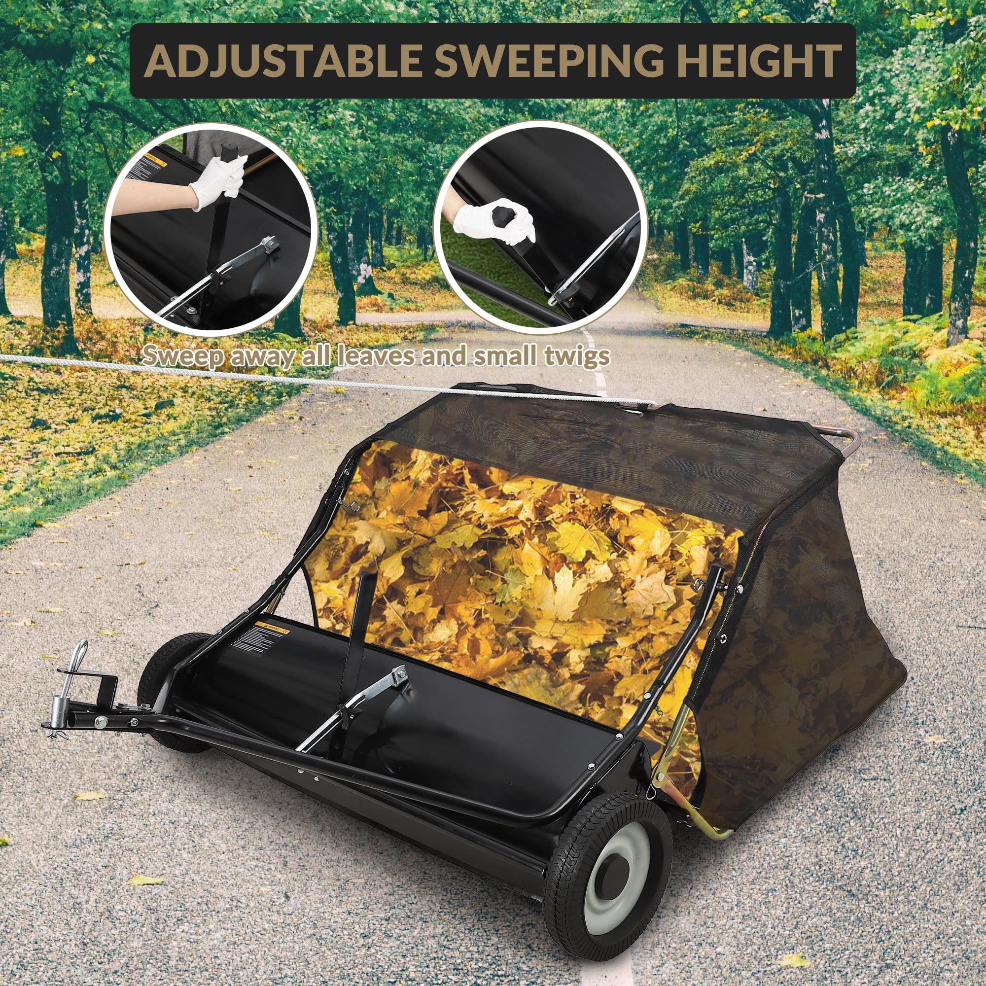 Tow-Behind Lawn Sweeper, 48" Pull-Behind Leaf & Grass Collector, Large-Capacity Debris Sweeper with Adjustable Brush Height and Easy Dump Rope for Lawn Clippings