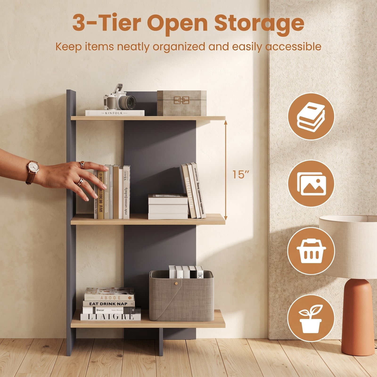 Furnibear 3 Tier Wooden Bookshelf with Anti-Tipping Kit, Open Storage Bookcase Display Shelf for Living Room Home Office Bedroom, Engineered Wood Freestanding, Oak