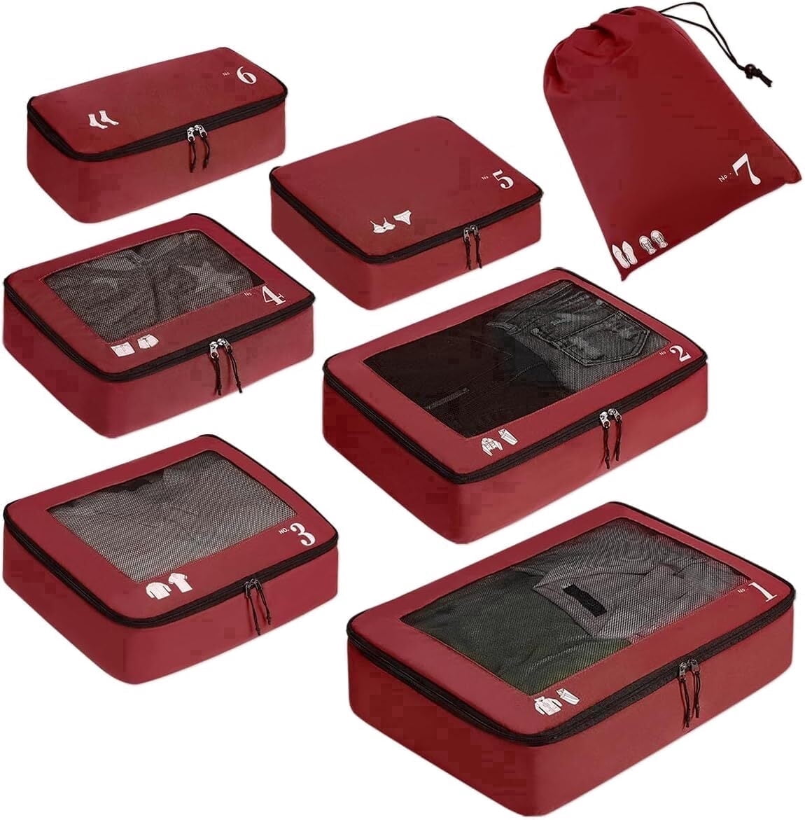 WANDF 7 Set Compression Packing Cubes Travel Accessories,Tear-Resistant Luggage Packing Organizers with Number Icon, Machine Washable Suitcase Packing Cubes for Travel,Airplane,Camping(Red Bag)