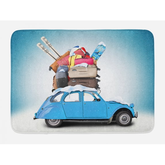 Winter Bath Mat, Traveling Themed Snowy Image Ski Baggage Items Blue Vintage Car Holiday Photograph, Non-Slip Plush Mat Bathroom Kitchen Laundry Room Decor, 29.5 X 17.5 Inches, Multicolor, Ambesonne
