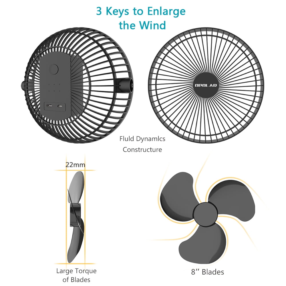OPOLAR 8'' 4 Speed Rechargeable Clip On Tabletop Fan
