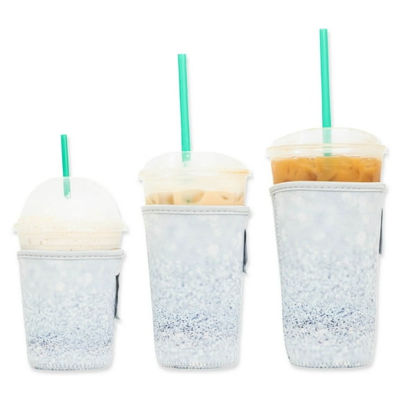 3-Pack (16-32oz) Reusable Neoprene Insulator Sleeve for Iced Coffee or Cold Beverage Cups (Silver Glitter Print)