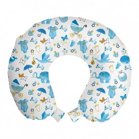 Baby Travel Pillow Neck Rest, Its a Boy Stork Carrying a Baby Elephants Clothes Butterflies Print, Memory Foam Traveling Accessory Airplane and Car, 12", Blue Amber Black, by Ambesonne