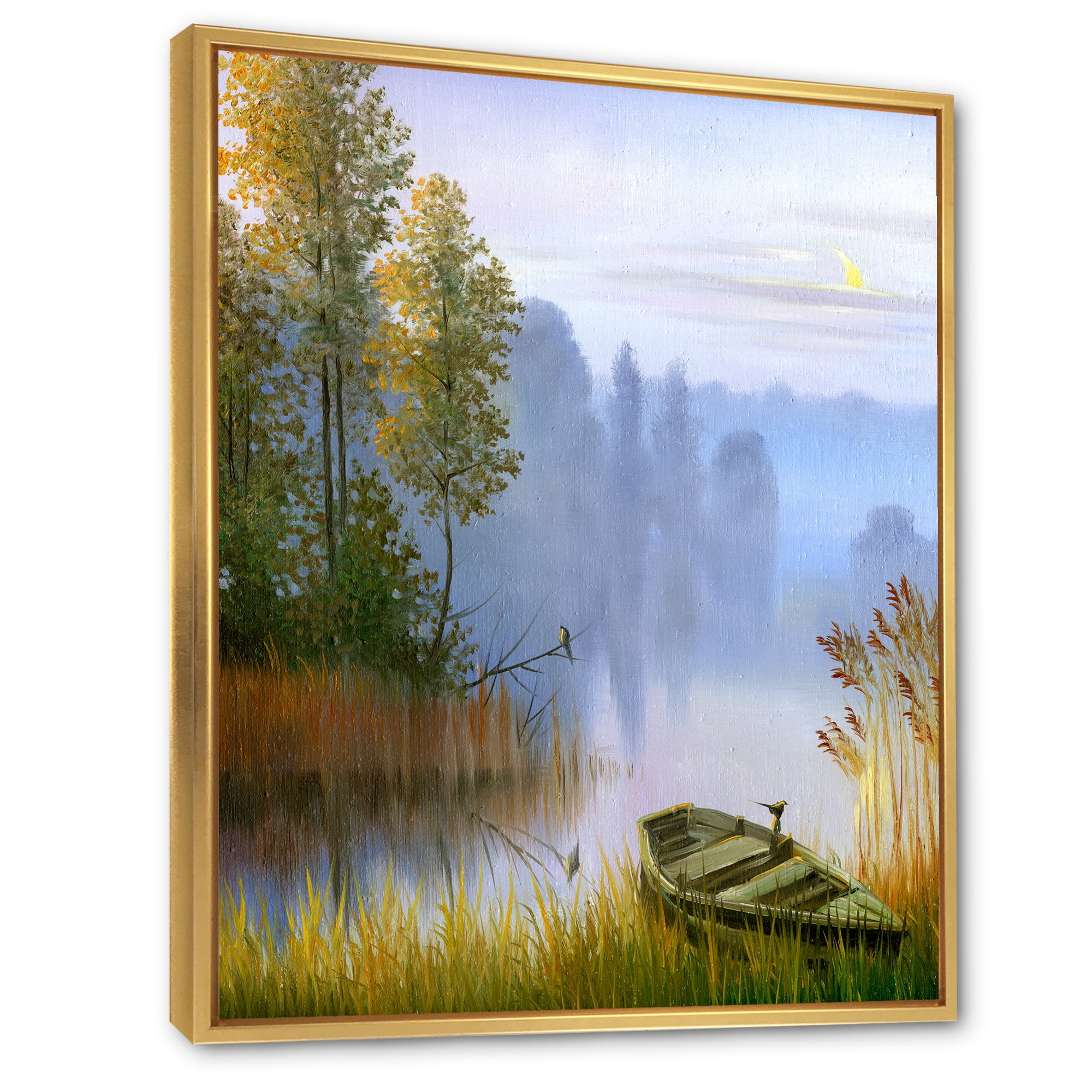 Designart 'The Bank Of The Lake With The Boat' Traditional Framed Canvas Wall Art Print
