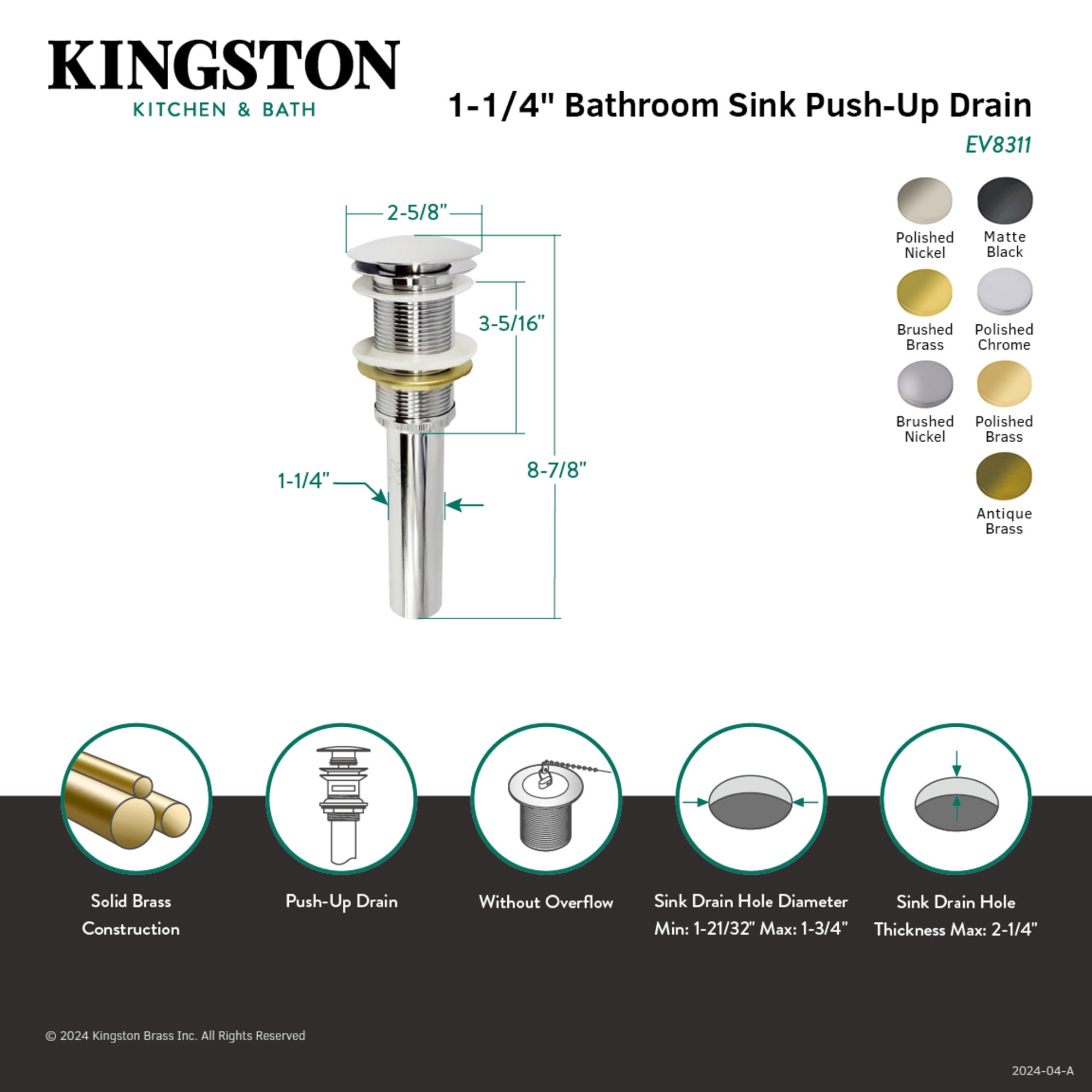 Kingston Brass EV8318 Coronet Brass Push Pop-Up Bathroom Sink Drain in Brushed Nickel