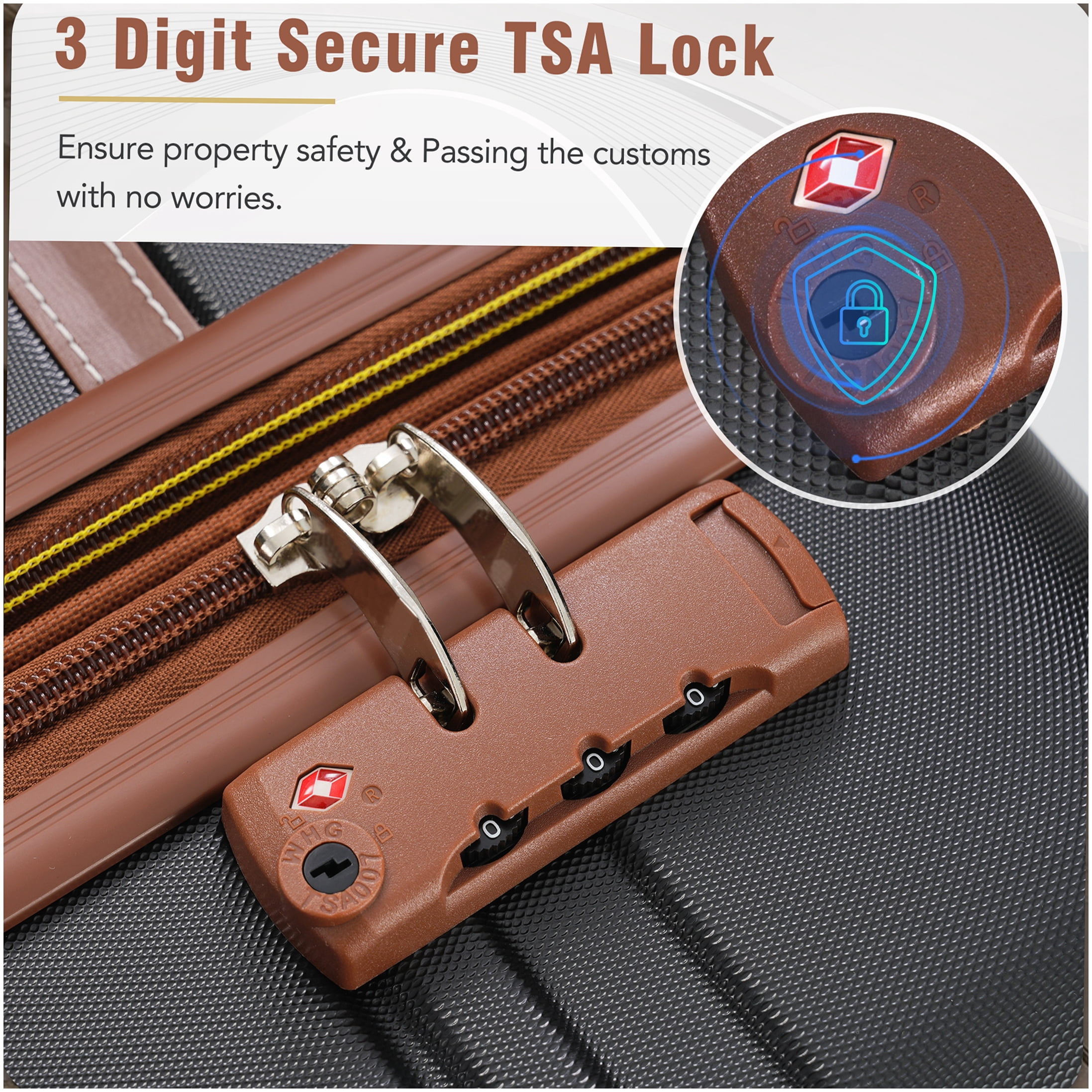 3-Piece Black Hardside Spinner Luggage Set with TSA Lock, 20" Carry-On & 28" Checked Suitcase & Toiletry Bag
