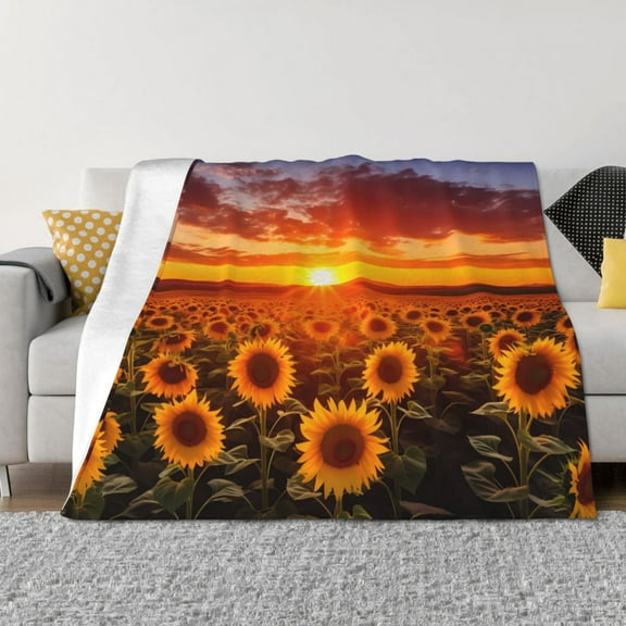 Vsdgher Sunset Golden Sunflower Field Pattern Fleece Throw Blanket, Horizontal Fleece Bedding Home Decor for Couch & Bed All Season Use -40"x30"