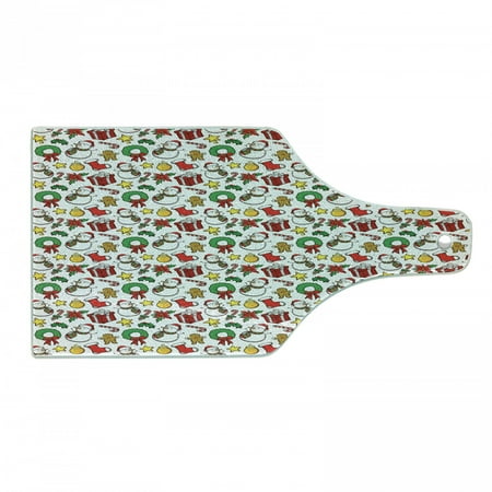 

Christmas Cutting Board Celebration of Xmas Garland Candy Cane Snowman Mistletoe Tree Ornaments Decorative Tempered Glass Cutting and Serving Board Wine Bottle Shape Multicolor by Ambesonne