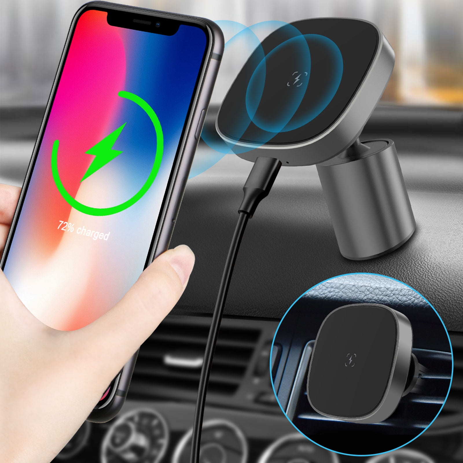 Samsung Galaxy S10/S9/S8 Note 10/9 APPS2Car Max 15W Fast Wireless Car Charger Mount Auto Clamping Dashboard Windshield Phone Holder Compatible iPhone 11/11 Pro Max/Xs Max/Xs/XR/X/8 