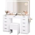 thumbnail image 3 of YITAHOME Vanity Desk Set with Large LED Lighted Mirror & Power Outlet, Glass Top Vanity with 11 Drawers and Magnifying Glass, 46'' Makeup Vanity with Storage Bench for Bedroom, Pearl-White, 3 of 8