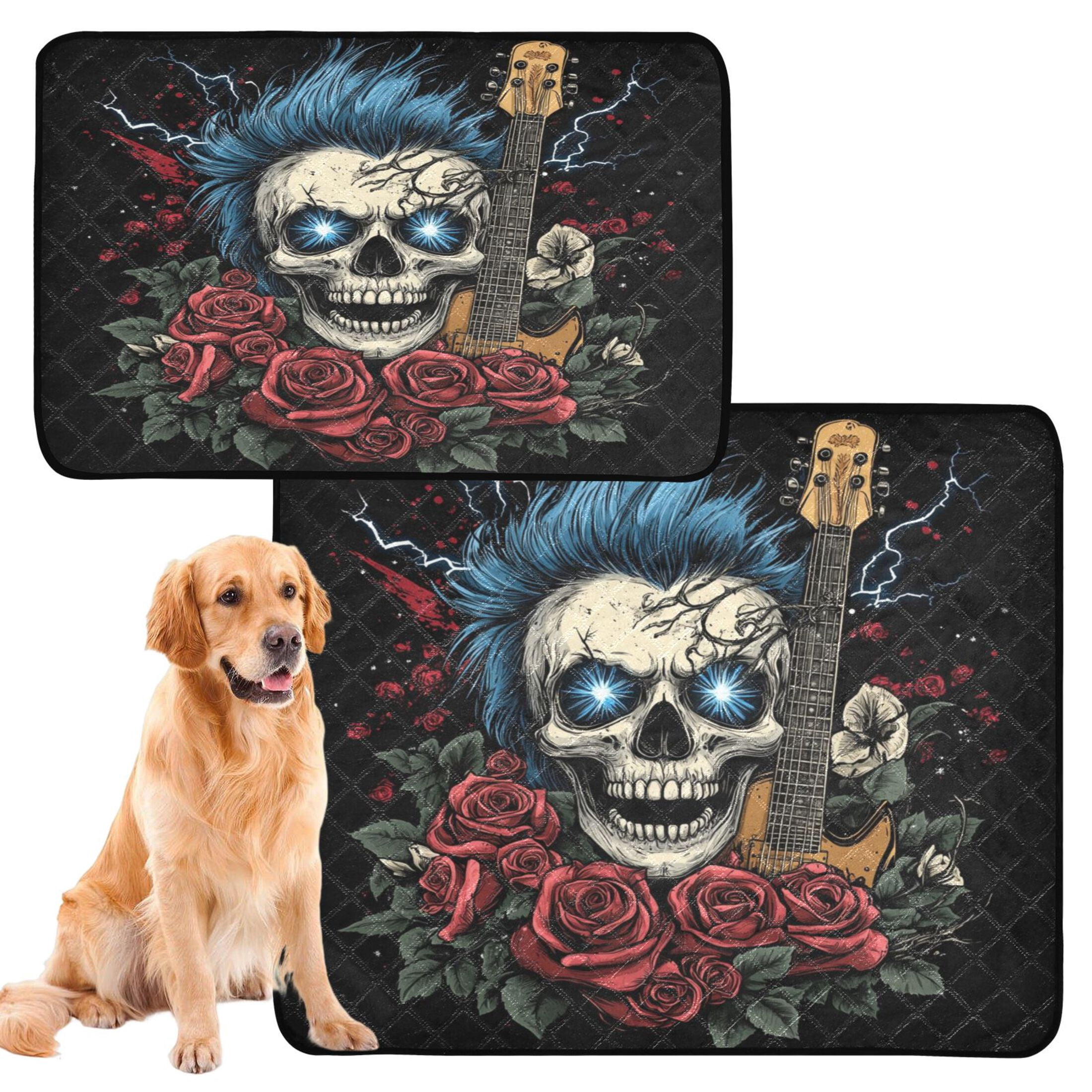 Qxltty Blue Hair Skull Guitar Pattern Cat litter Pads Pet Set of 3 Diaper Mats Center Anti-leakage Layer Absorbent Soft and Comfortable