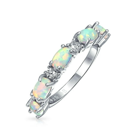 White Fire Opal Wide Band - Thin Oval Created White Opal CZ Stackable Half Eternity Band Ring For Women 925 Sterling Silver October Birthstone