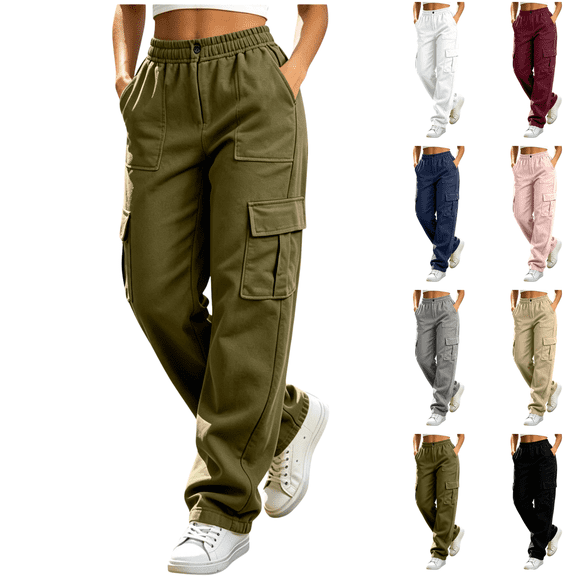 Sunnin Womens Cargo Pants Outdoor Hiking Elastic Waist Button Zip Fly Multi Pockets Casual Work Trousers
