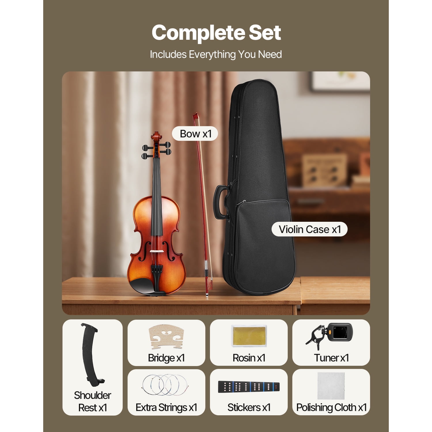 KFFKFF 4/4 Full-Size Violin for Adults, Complete Beginner Set with Case, Rosin, Bow, Shoulder Rest, Bridge, and Extra Strings, Solid Wood Instrument with Glossy Brown Finish