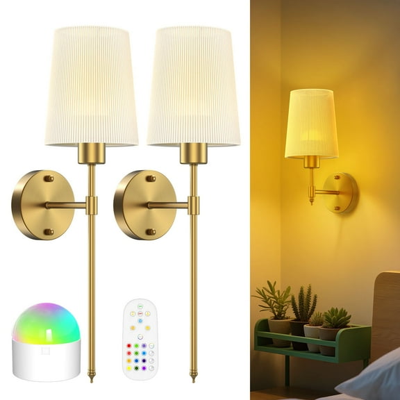 Wireless Wall Sconces Set of 2, 10000mAh Battery Remote Wall Lights with 9 RGB Light for Home, White & Gold
