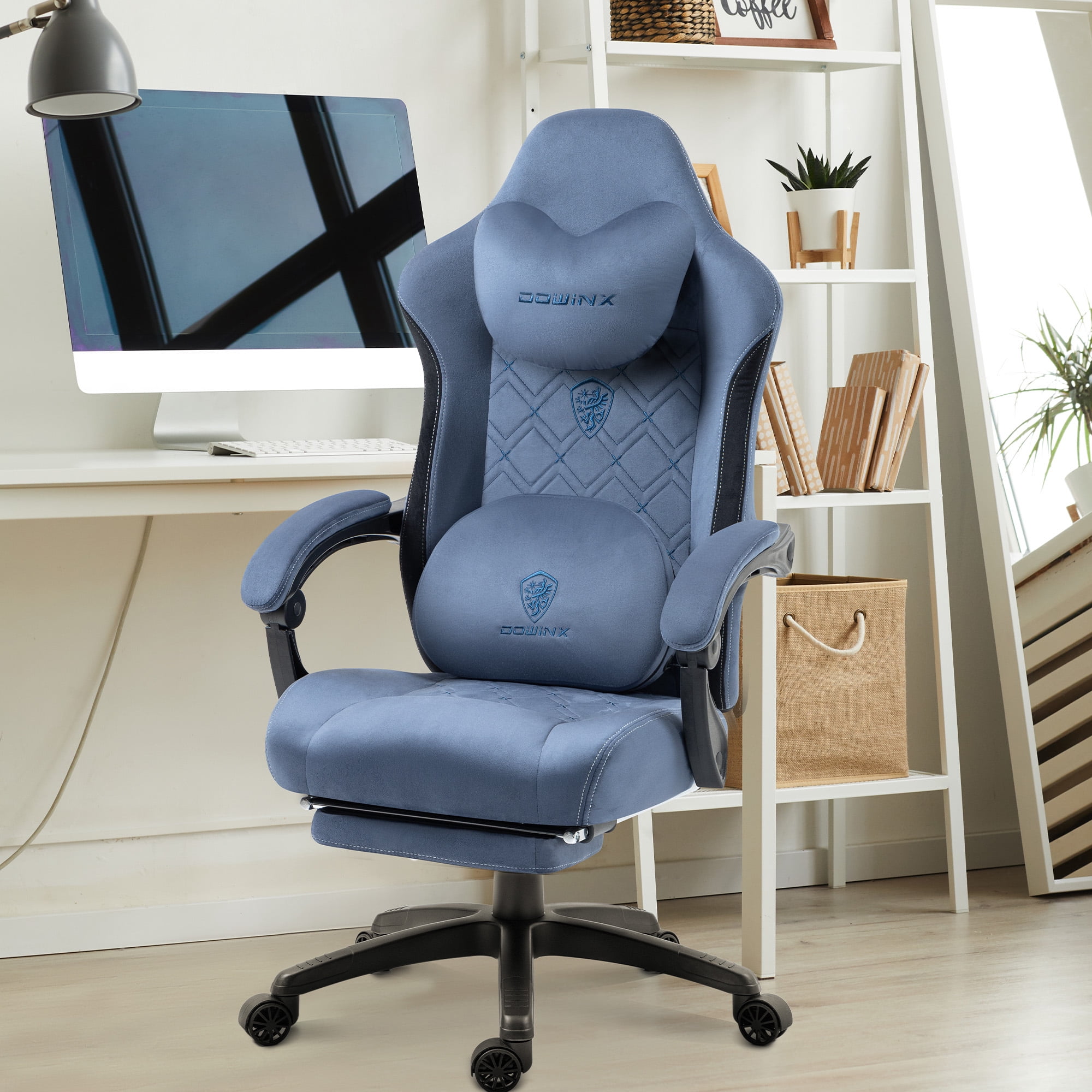 GOOSEA Fabric Gaming Chair with Heated Massage Lumbar Support, Big and Tall Game Chair for Adults, High Back PC Chair with Pocket Spring Cushion and Footrest, Blue
