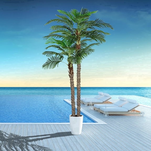 ROMSWI 8FT Artificial Palm Tree, Lifelike Potted Golden Cane Palm Tree, Tropical Faux Tree for Outdoor Indoor Home Office Living Room Decor