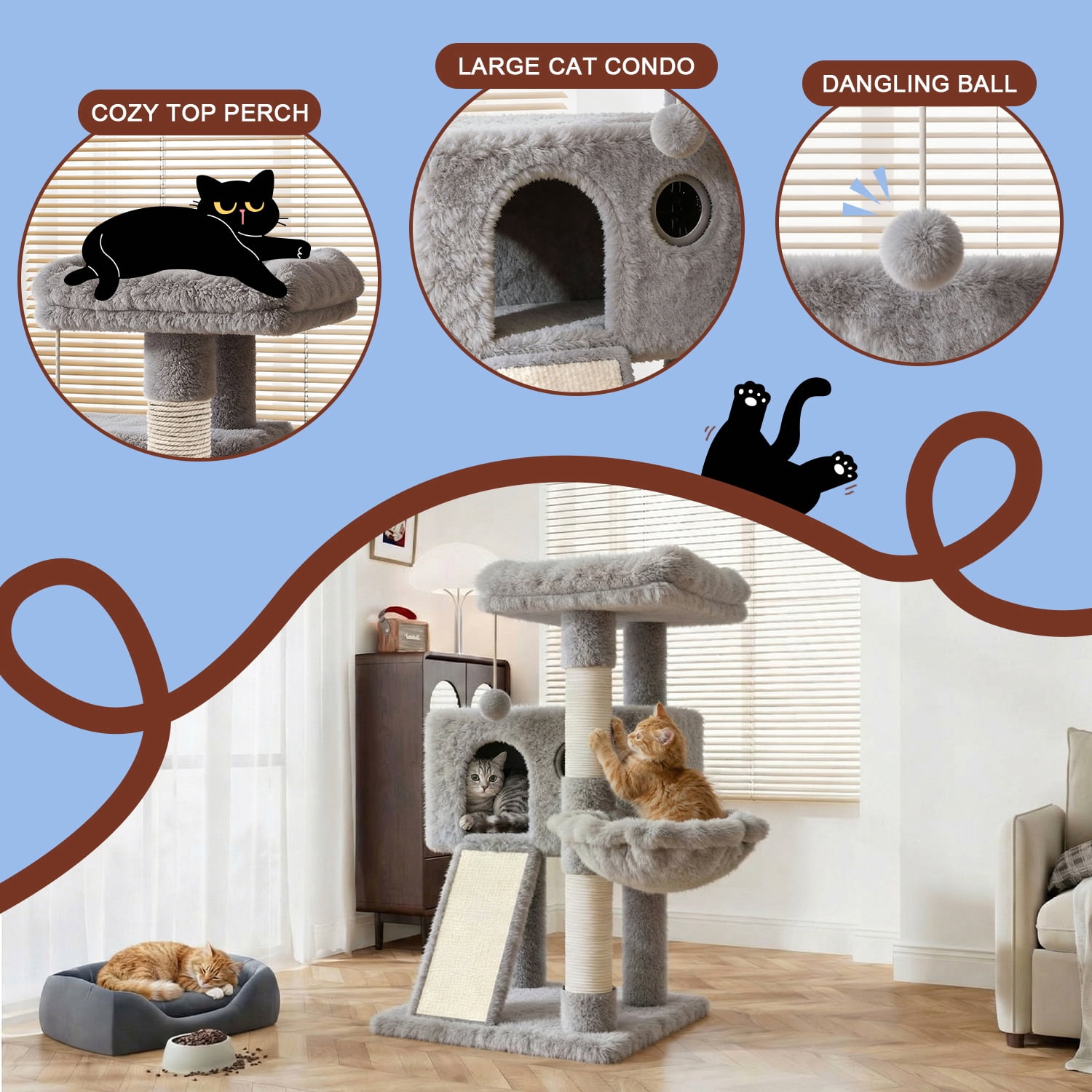 Amolife 36.6" Cat Tree Tower for Indoor Cats, Cat Condo with Plush Perch, Sisal Scratching Posts & Ramp, Cozy Cat Furniture, Gray