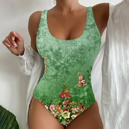 Stephy Women s Spring/Summer Floral Print Cut Waist Bikini Set with Chest Topper  Green Women s One Piece Swimsuits  M