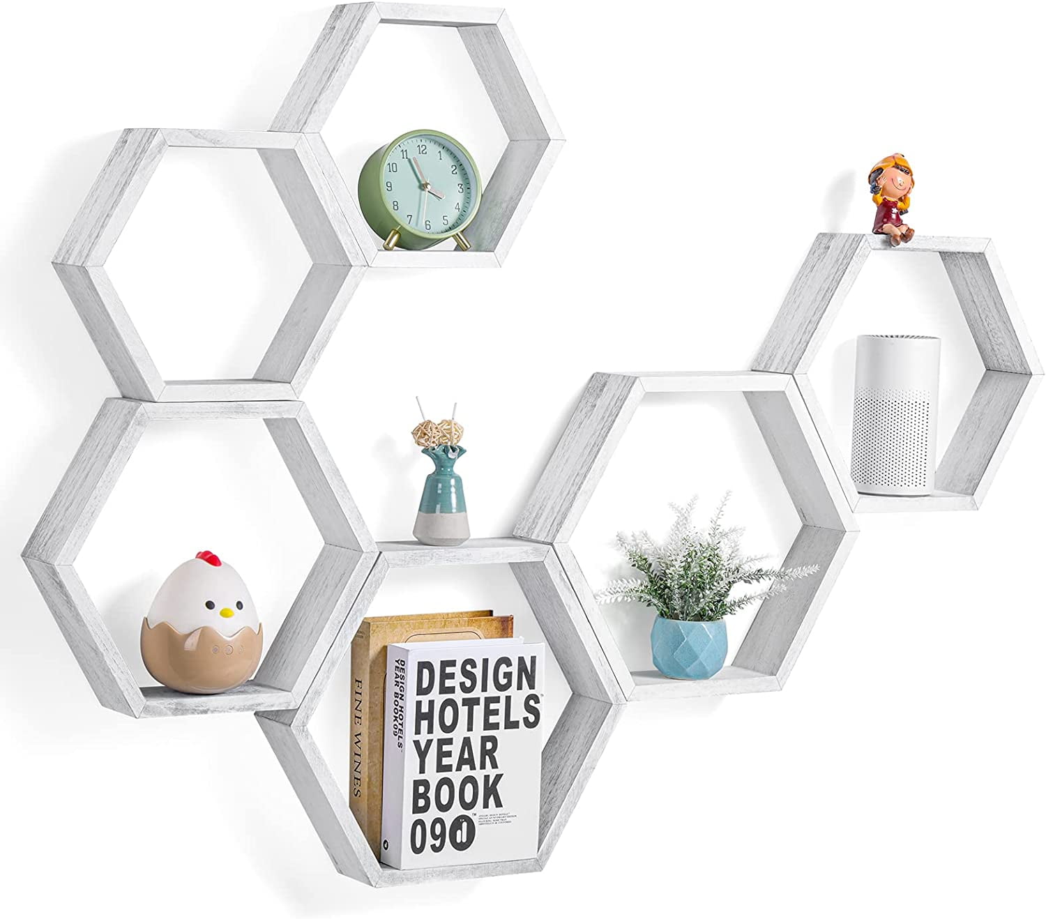 Hexagon Floating Shelves Set of 6 Shelves for Wall, Gray White