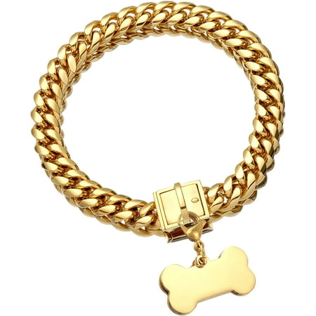 Hgudesign Jewelry dom 1 Gold Dog Chain Collar with Dog ID Tag 18K Metal Stainles Steel Cuban Link Chain Strong Heavy Duty Chew of Wal Training Chain Collar (15MM  10 )
