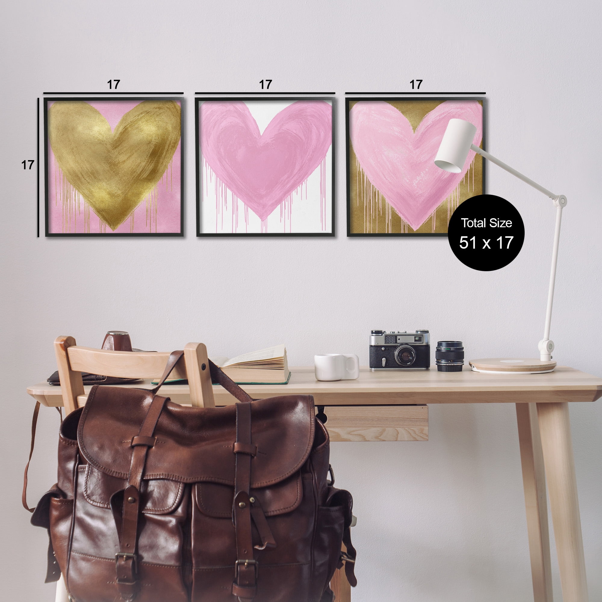 Stupell Industries Glam Paint Drip Hearts Design Art for Kids Painting Black Framed Art Print Wall Art, 17 x 17, Set of 3
