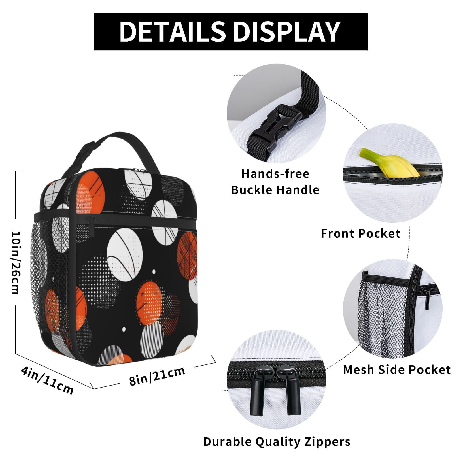 Lunch Bag For Women Men Insulated Portable Lunch Box Bento Box Office Picnic Travel Cooler Bag Black And Orange Basketball Theme