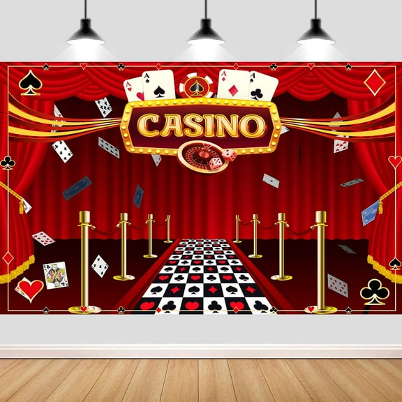 10X8ft Casino Night Poker Dice Backdrop Las Vegas Game Night Red Curtains Carpet Gold Glitter Photo Background, Casino Themed Birthday Party Decorations Banner Photo Studio Props