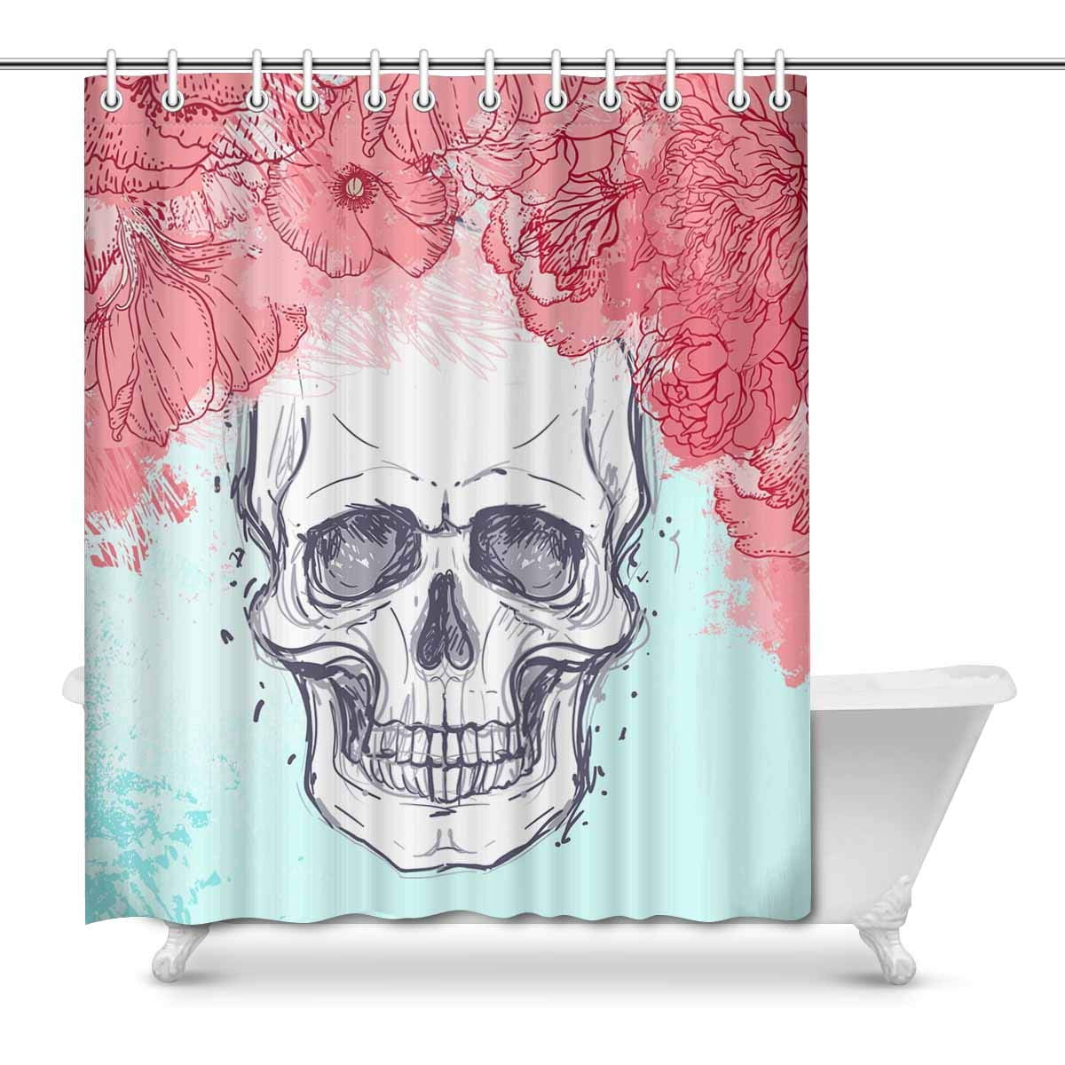 72"/79" Candy Flower Skull Shower Curtain Hooks Set Bathroom Waterproof Fabric 