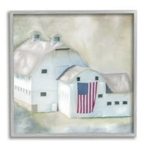 Stupell Industries American Flag White Farmhouse Barn Rural Countryside Paintings Gray Framed Art Print Wall Art, 17x17, by Kim Allen