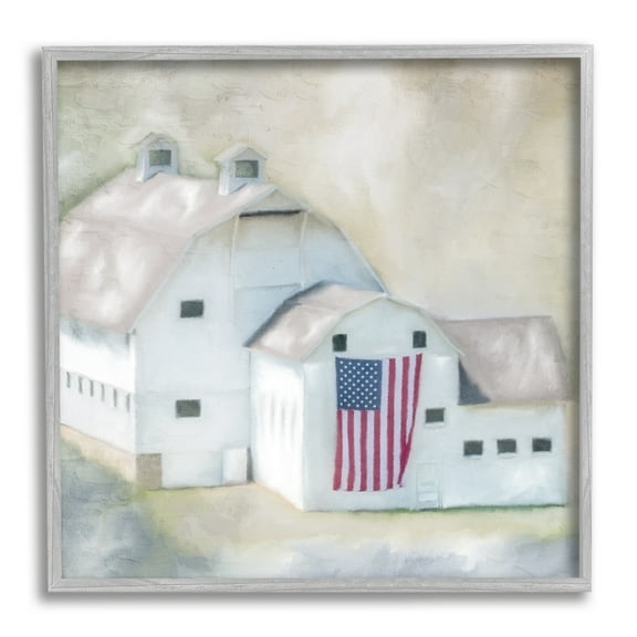 Stupell Industries American Flag White Farmhouse Barn Rural Countryside Paintings Gray Framed Art Print Wall Art, 17x17, by Kim Allen