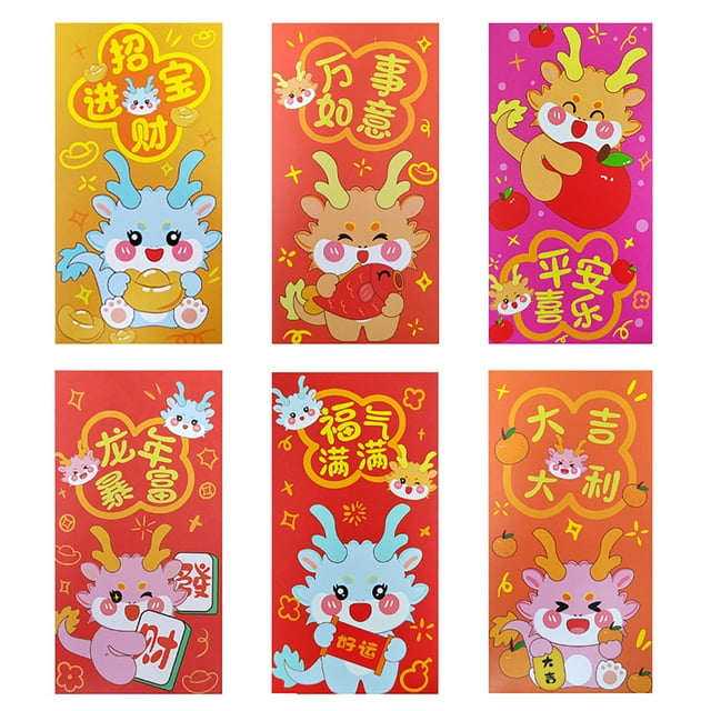 CSChome Enveloppe Rouge Chinoise Enveloppes Rouges Design Mignon de Dessin Animé Porte-Argent Festif 6 Pcs
