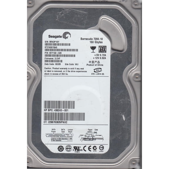 ST3160815AS, 5RX, WU, PN 9CY132-020, FW 3.CHF, Seagate 160GB SATA 3.5 Hard Drive