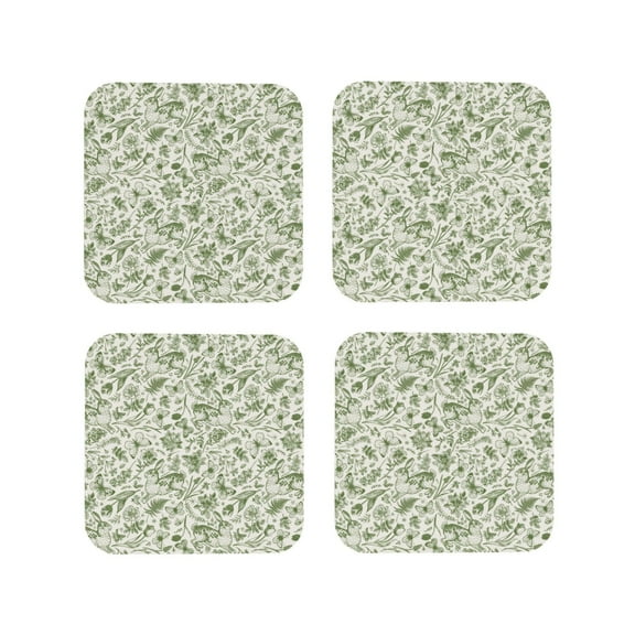Fuzoiu Green Rabbit Print Leather Coasters Set,Drink Coasters Set of 4,for Tabletop Protection, Durable PVC Coasters,Home Décor and Housewarming Gift-Square